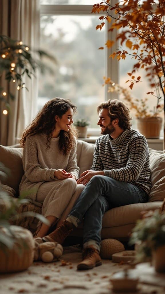 A couple sitting on a couch, engaged in a warm conversation, surrounded by a cozy home setting.