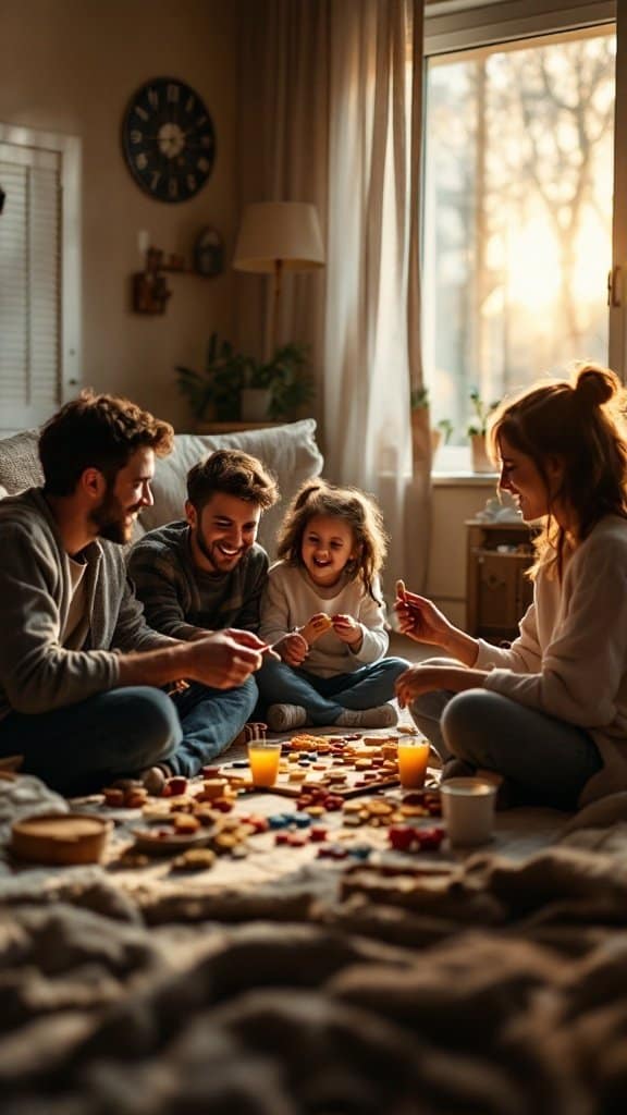 A family enjoying a game night together on the floor with colorful game pieces and drinks.