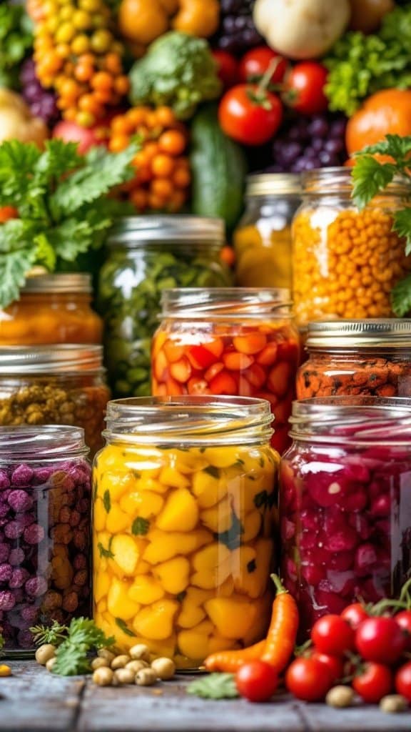 Colorful jars of fermented vegetables surrounded by fresh produce
