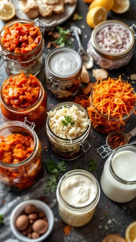 Various jars of fermented foods including kimchi, yogurt, and sauerkraut displayed on a table