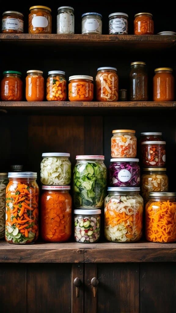 A display of various jars containing colorful fermented vegetables on wooden shelves.