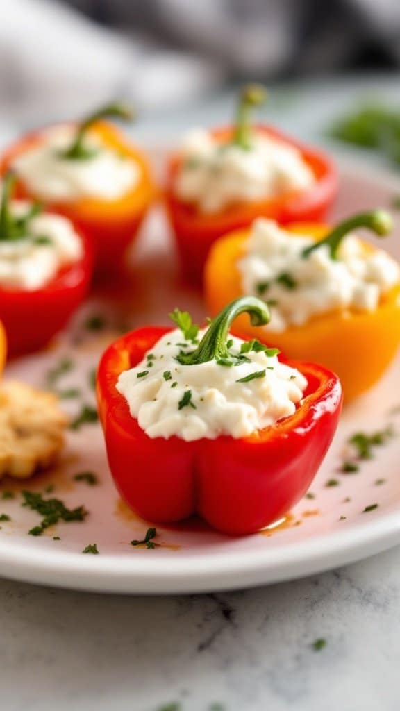 Plate of feta-stuffed mini peppers garnished with parsley