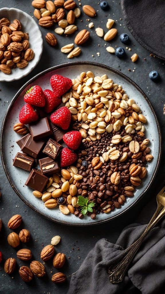 A plate filled with chocolate pieces, strawberries, nuts, and coffee beans arranged beautifully.