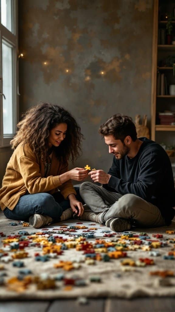 Two friends working on a puzzle together, representing teamwork and finding common ground in resolving conflicts.