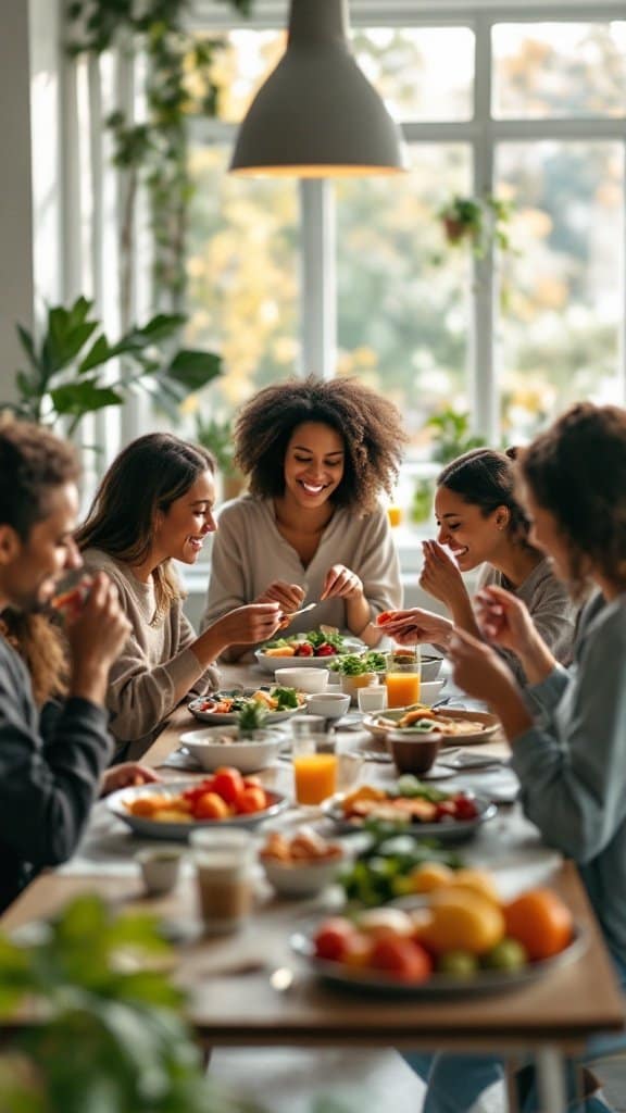 A group of friends enjoying a meal together at a table filled with healthy food.