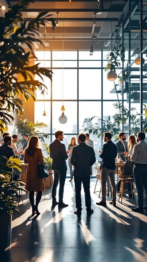A group of professionals networking in a bright, plant-filled space.