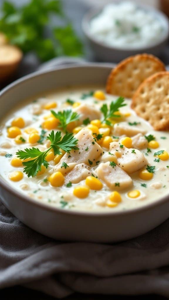 A bowl of creamy fish chowder with corn, garnished with parsley and served with crackers.