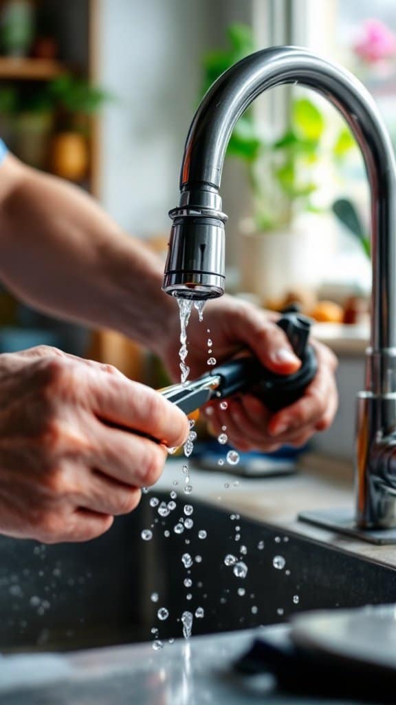 A person repairing a leaky faucet with water dripping.