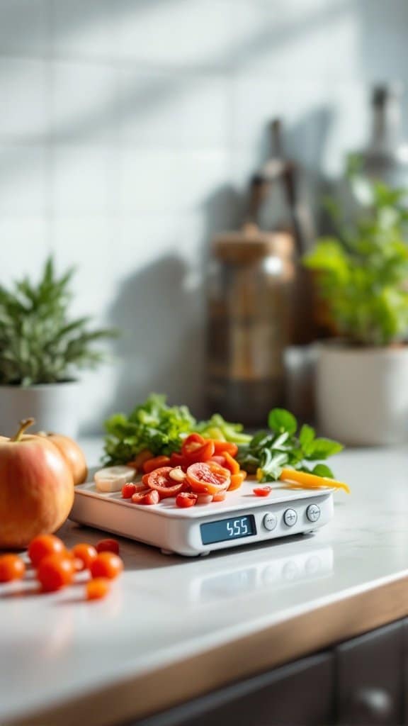 A food scale displaying fresh ingredients like tomatoes and lettuce in a well-lit kitchen setting.