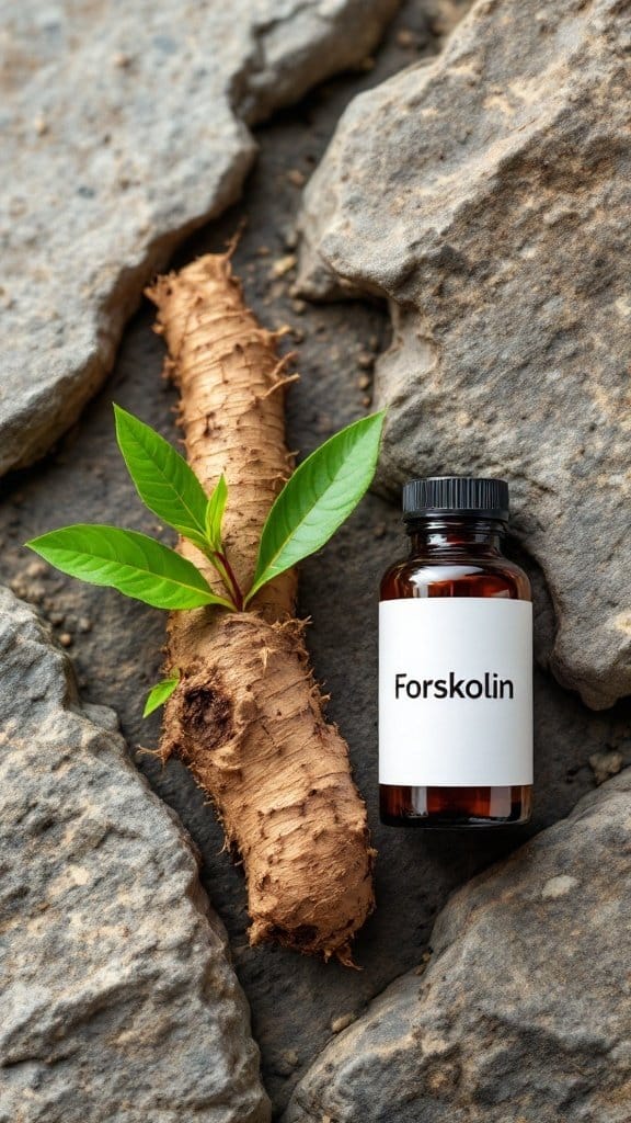 A bottle of Forskolin supplement next to the root and leaves of the Coleus forskohlii plant on rocky surface.