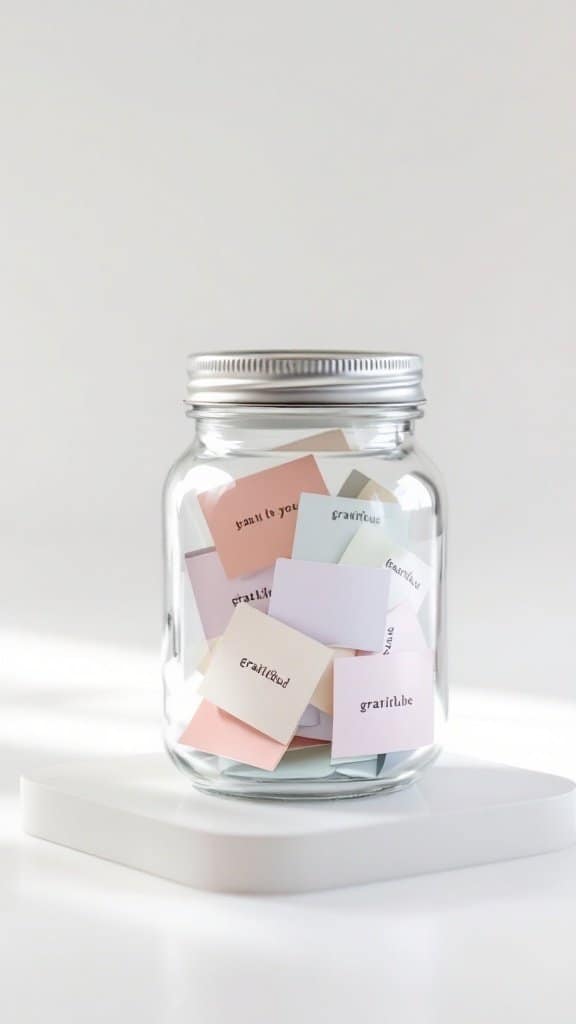 A glass jar filled with colorful notes representing gratitude.