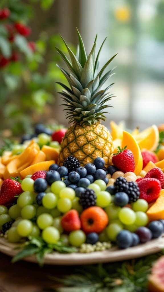 A vibrant arrangement of various fresh fruits, including grapes, strawberries, oranges, and blueberries, displayed on a light surface.