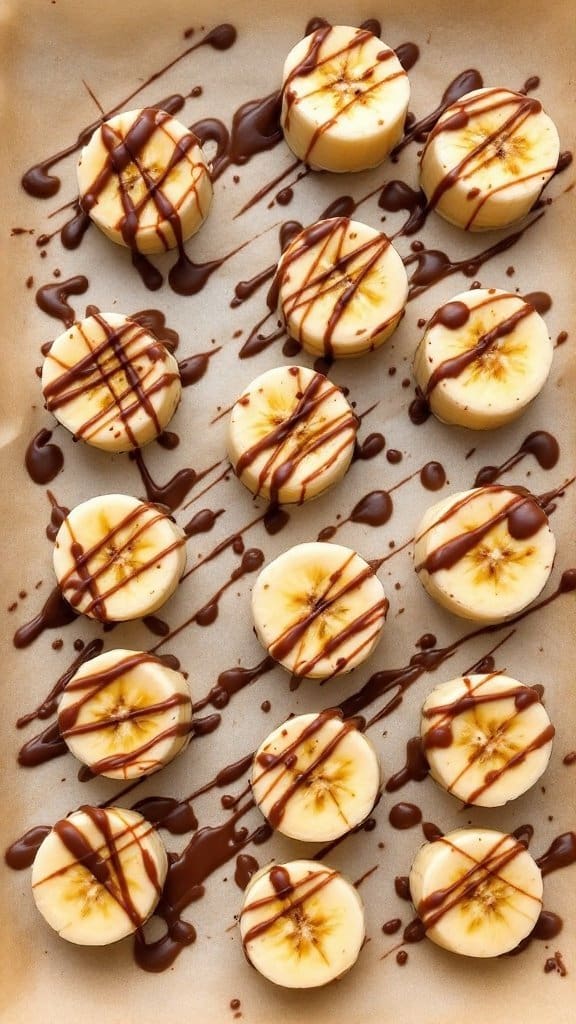 Frozen banana bites drizzled with chocolate on parchment paper