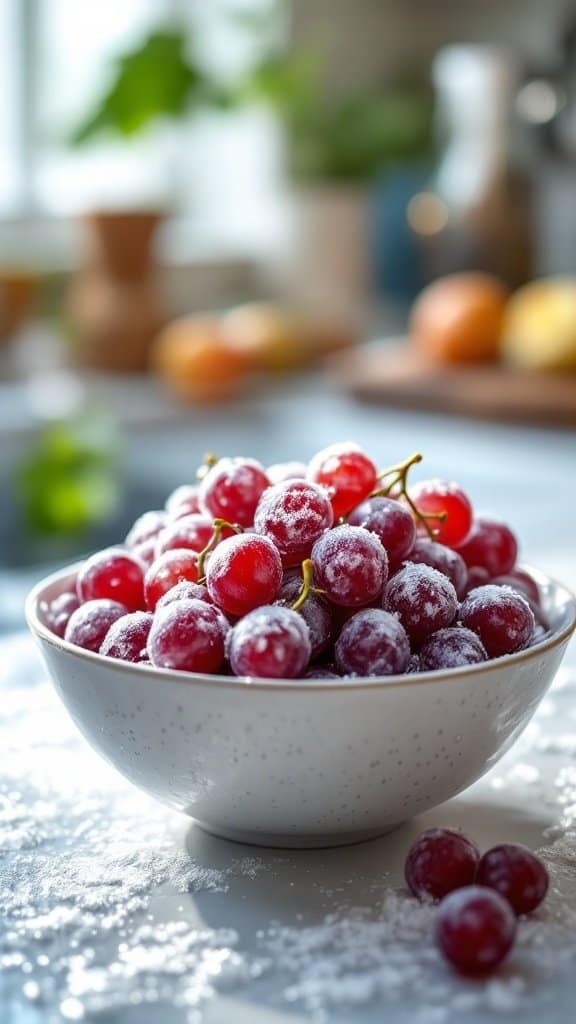 A bowl of frozen grapes on a table