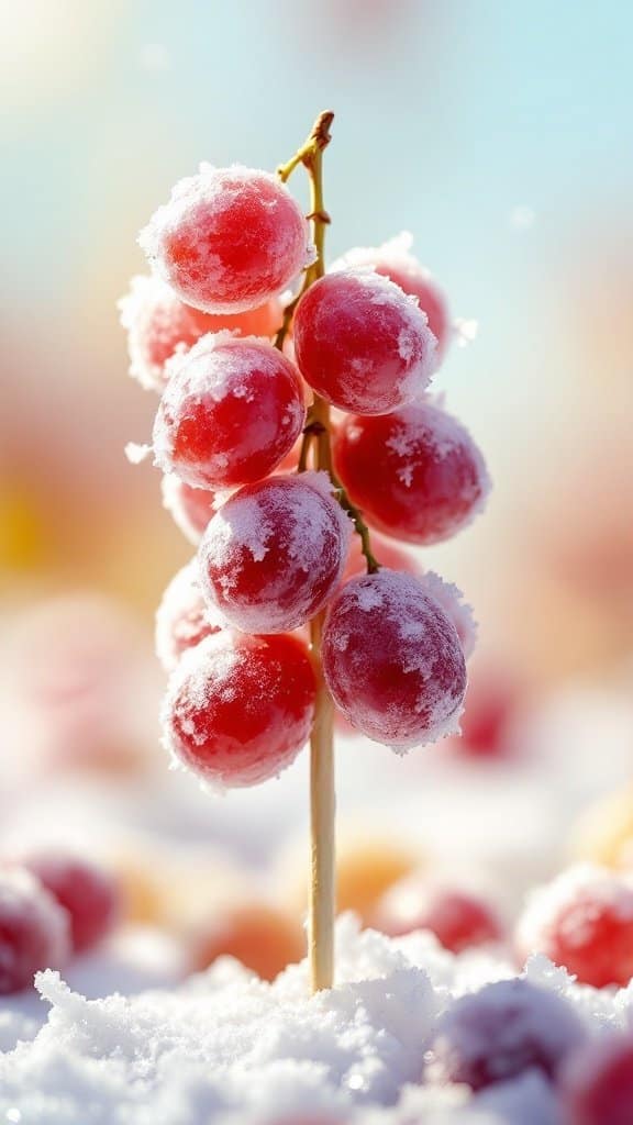 A close-up of frozen grapes on a stick, with a snowy background.