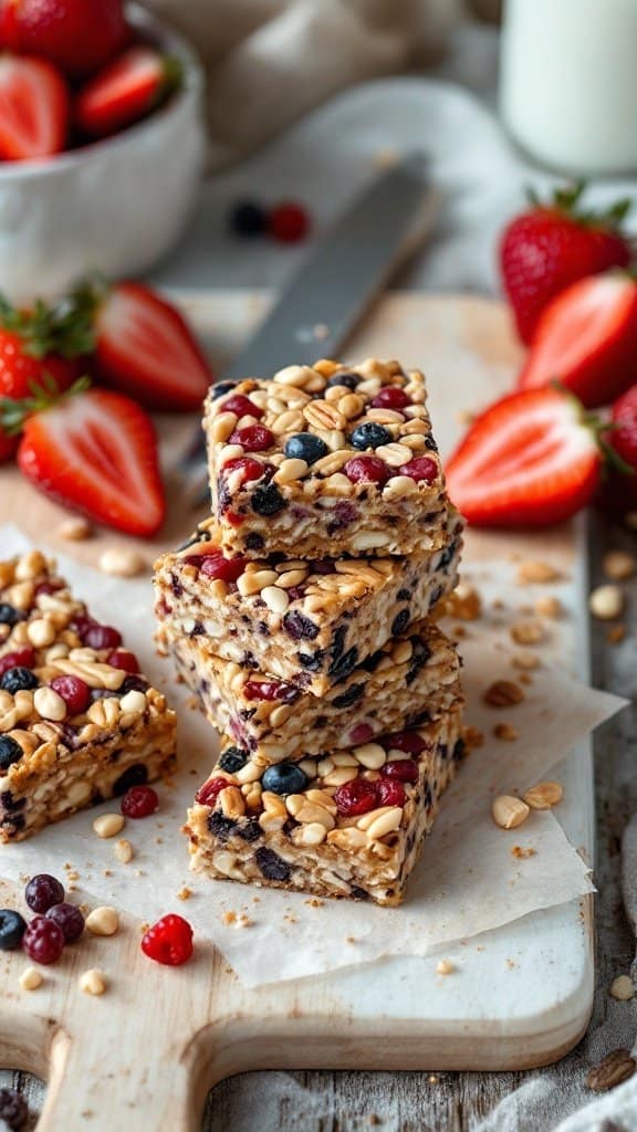 Homemade fruit and nut bars stacked on a wooden cutting board surrounded by strawberries
