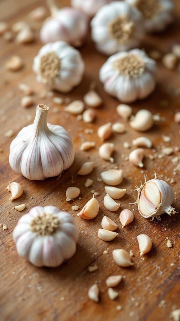 A collection of garlic cloves and bulbs on a wooden surface.