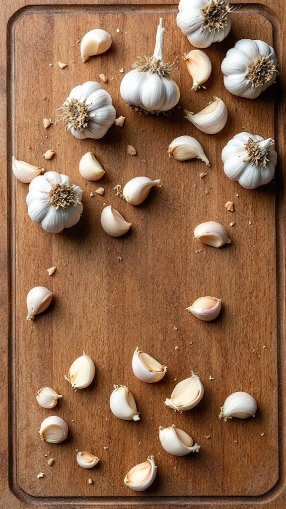 Fresh garlic bulbs and cloves on a wooden board