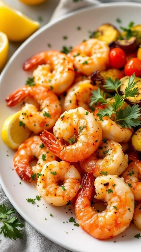 A plate of garlic lemon roasted shrimp garnished with parsley and surrounded by lemon wedges and colorful roasted vegetables.