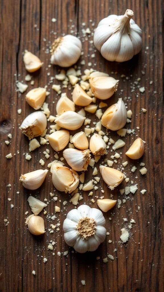 Fresh garlic bulbs and chopped garlic on a wooden surface