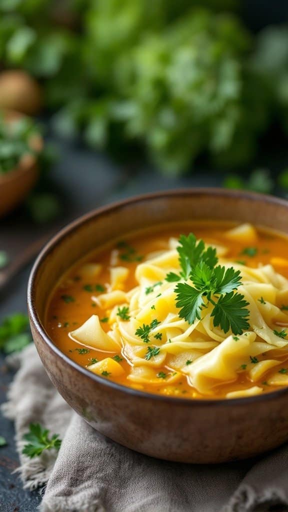 A bowl of cabbage soup garnished with cilantro, sitting on a textured surface with fresh greens in the background.