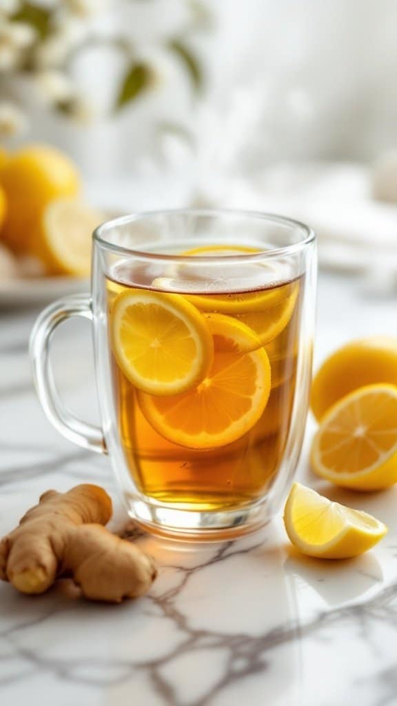 A glass mug filled with ginger and lemon tea, decorated with lemon slices, beside fresh ginger and lemon halves.