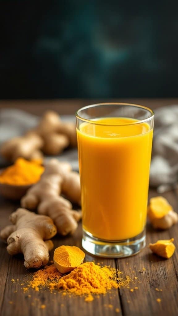 A glass of ginger and turmeric juice surrounded by fresh ginger root and turmeric powder on a wooden table.
