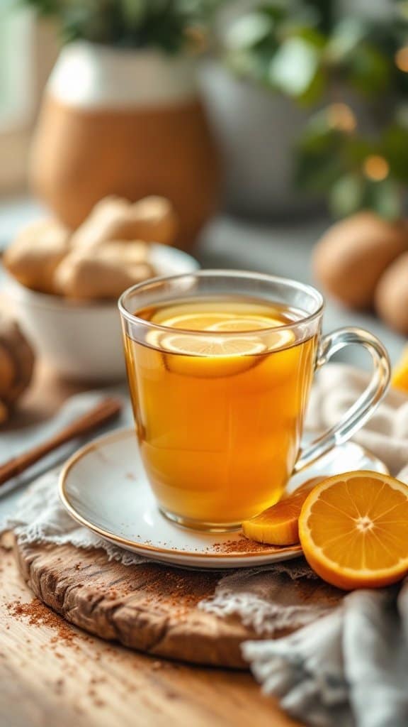 A warm cup of ginger tea with lemon slices on a wooden table, surrounded by ginger roots and a cozy setting.