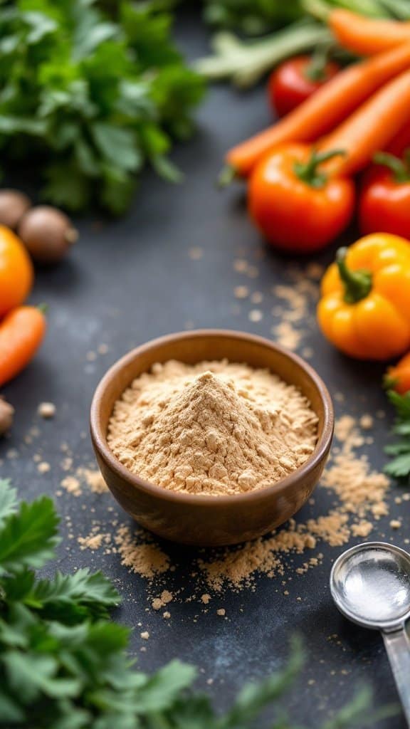 Bowl of glucomannan powder surrounded by fresh vegetables