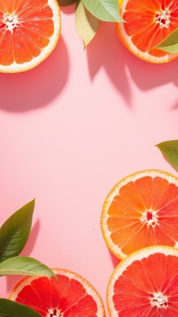 Fresh grapefruit slices with green leaves on a pink background