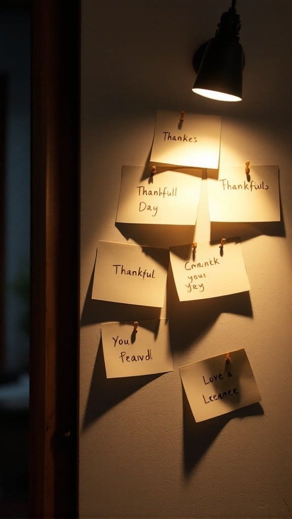 Handwritten gratitude notes on a wall illuminated by a light