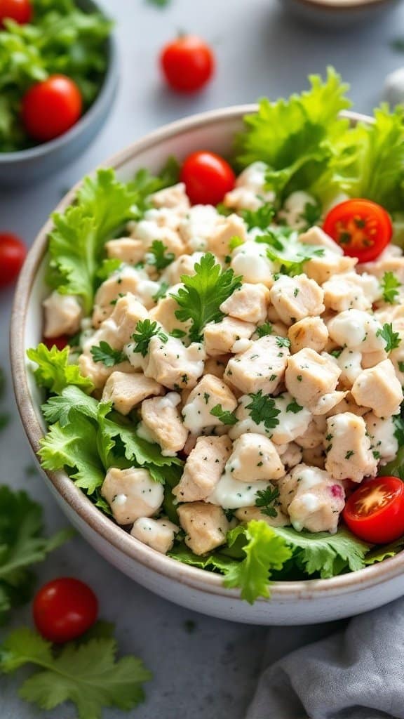 A bowl of Greek Yogurt Chicken Salad featuring diced chicken, greens, and cherry tomatoes.