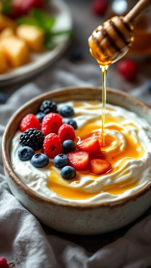 Bowl of Greek yogurt topped with berries and honey.