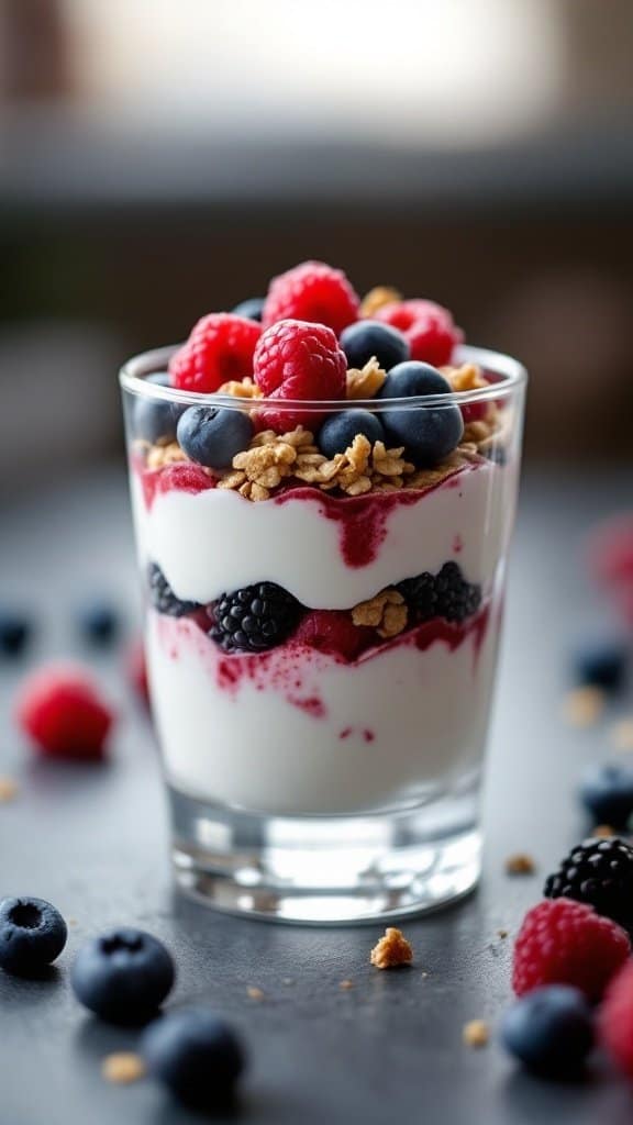 A Greek yogurt parfait with layers of yogurt, berries, and granola in a glass.