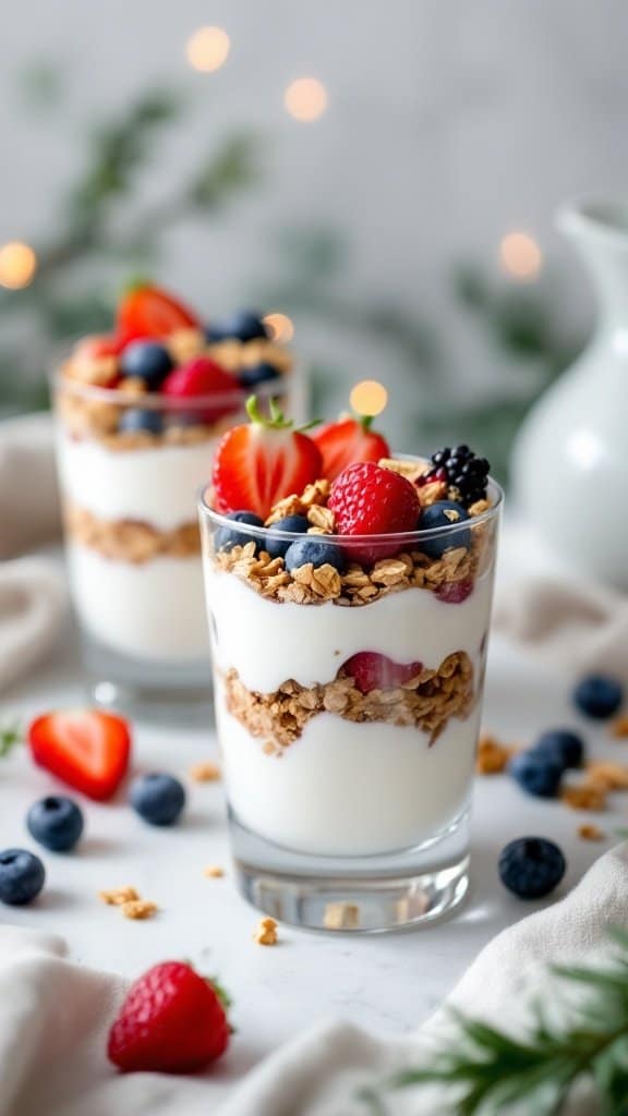 Two glasses of Greek yogurt parfaits with layered yogurt, granola, and fresh berries