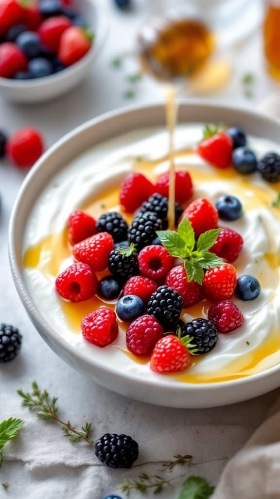 A bowl of Greek yogurt topped with mixed berries and honey.