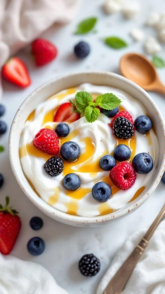 Bowl of Greek yogurt topped with berries and honey