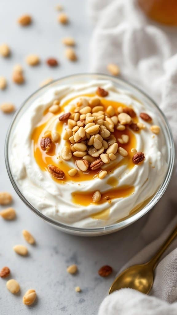 A bowl of Greek yogurt topped with honey and nuts