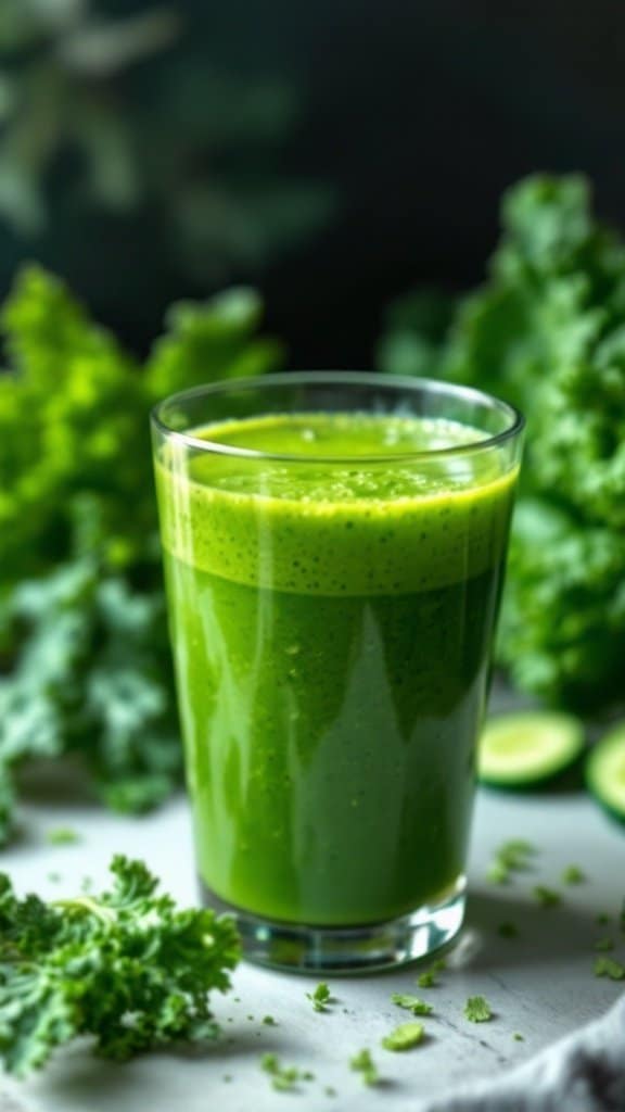 A refreshing green detox juice made with kale and cucumber, served in a tall glass surrounded by fresh kale leaves.