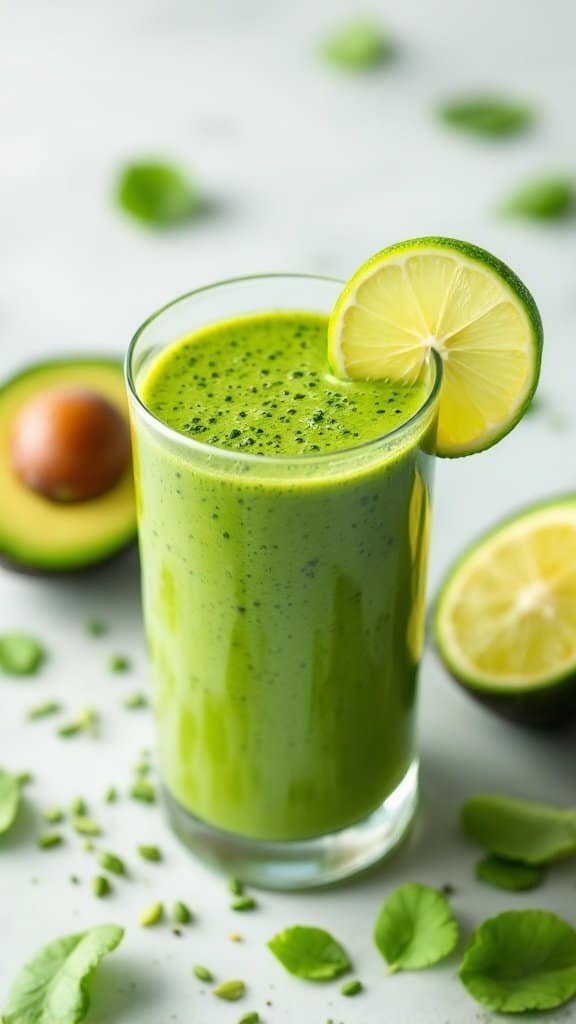 A glass of green detox smoothie made with spinach and avocado, garnished with a lime slice.