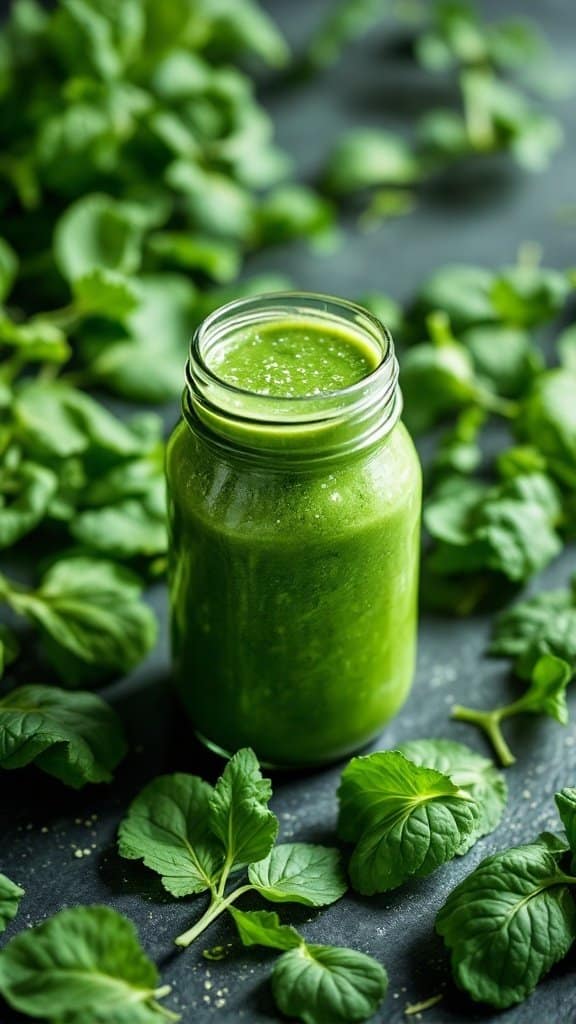 A green detox smoothie in a glass jar, surrounded by fresh spinach and kale leaves.