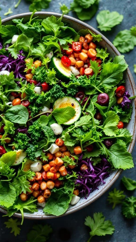 A vibrant salad filled with green leafy vegetables, beans, and colorful veggies.