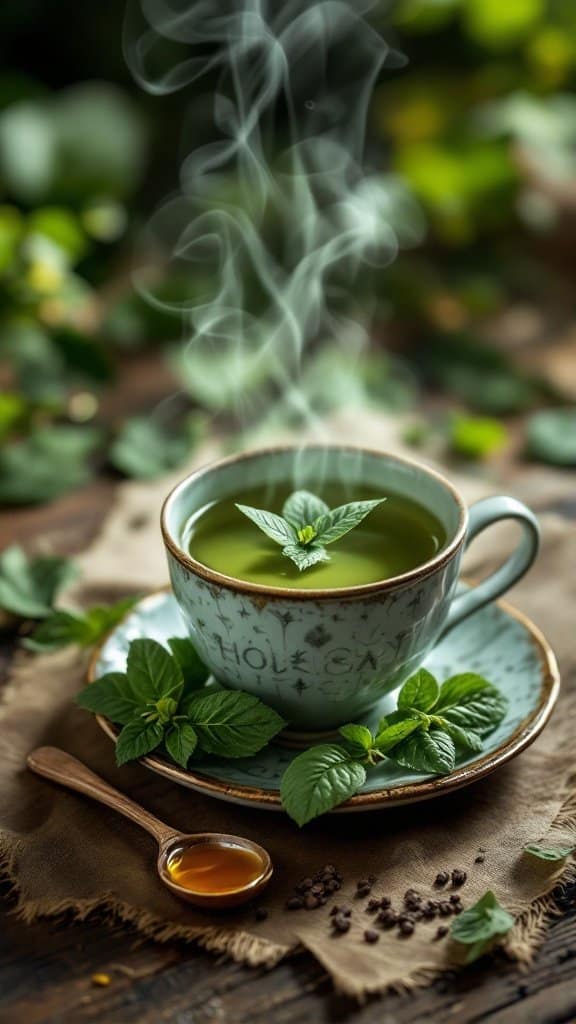 A steaming cup of green tea garnished with fresh mint leaves, surrounded by herbs and a spoon of honey.