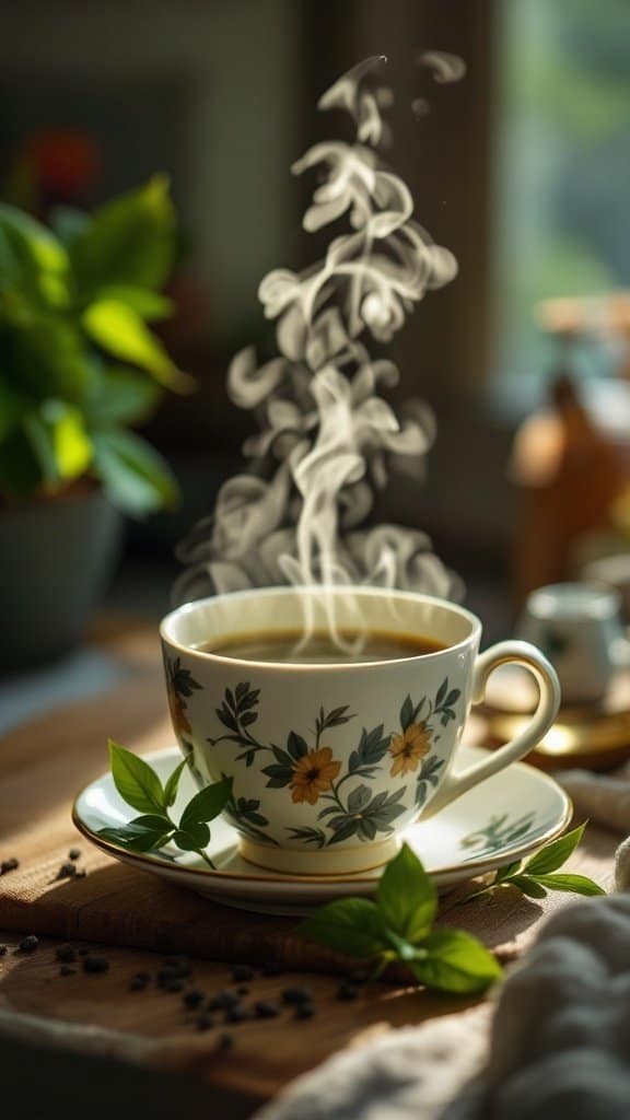 A steaming cup of green tea with floral designs, surrounded by fresh leaves.