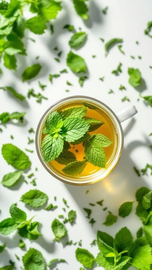 A cup of green tea garnished with fresh mint leaves surrounded by scattered mint leaves.