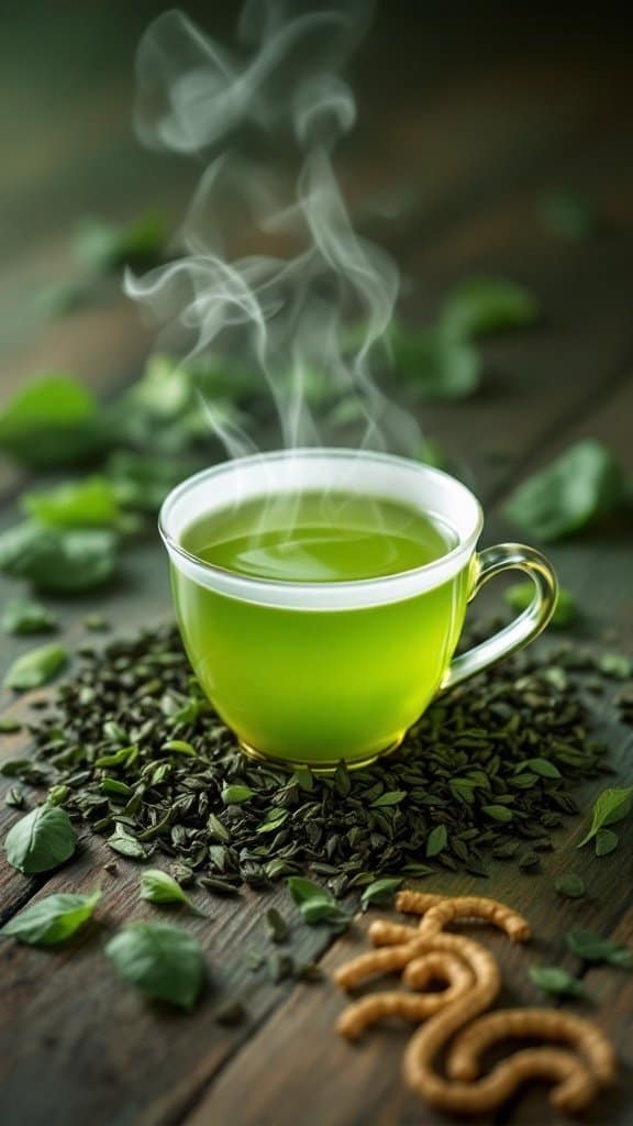 A steaming cup of green tea surrounded by green tea leaves on a wooden surface
