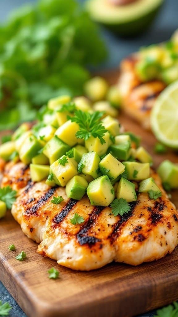 Grilled chicken breast topped with avocado salsa on a wooden platter, garnished with fresh cilantro.