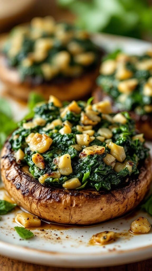 Grilled portobello mushrooms filled with spinach and nuts
