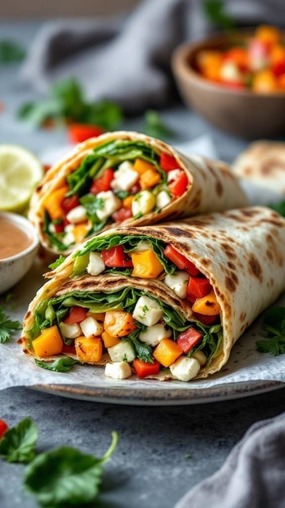 Grilled vegetable and feta wraps on a plate, garnished with cilantro.