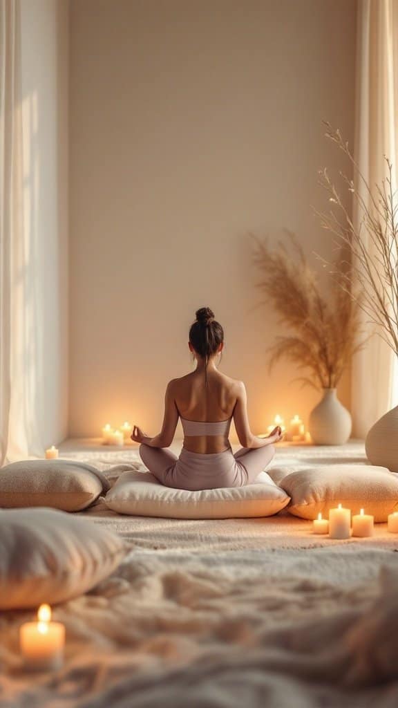 A person meditating in a serene room filled with candles and soft pillows.